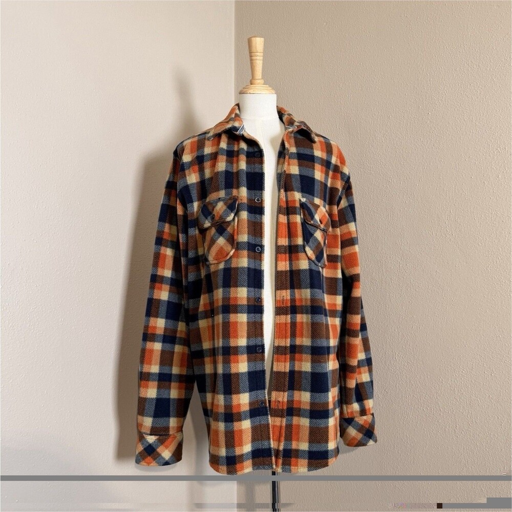 Free Nature Men's Orange Navy Brown Plaid Flannel Button-Up Shirt Long Sleeve S